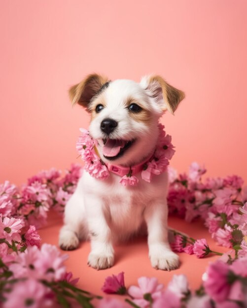 Foto hay un perro pequeño sentado en una corona de flores sobre un fondo rosa ai generativo