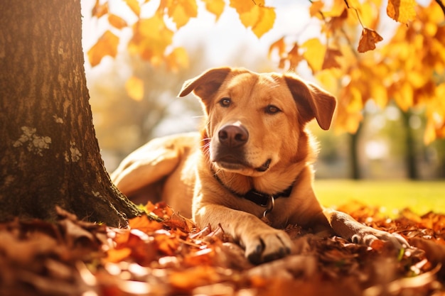 hay un perro que está acostado debajo de un árbol ai generativo