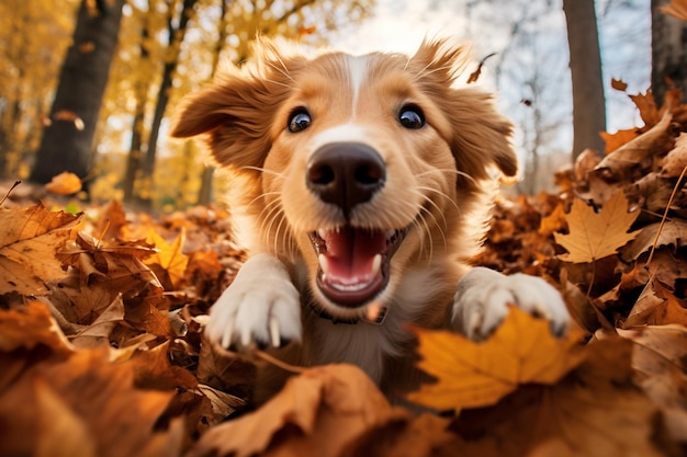 hay un perro que está acostado en las hojas ai generativa