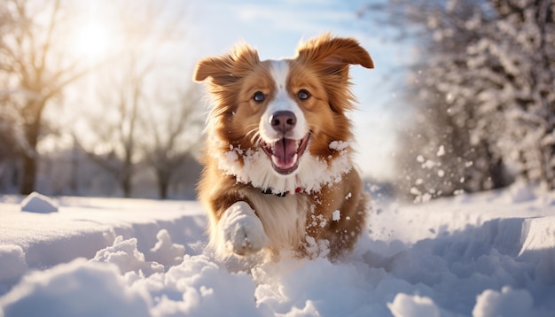 hay un perro que está corriendo a través de la nieve generativo ai