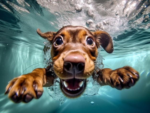 Hay un perro que está nadando en el agua ai generativo.