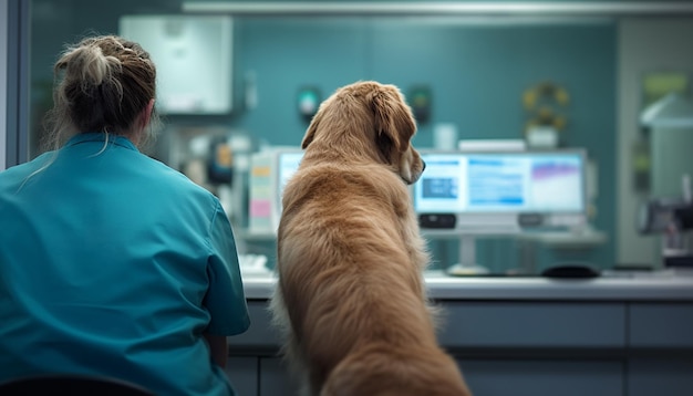 Hay un perro que está sentado frente a una computadora generativa ai.