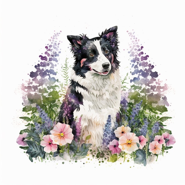 hay un perro que está sentado en la hierba con flores generativas ai