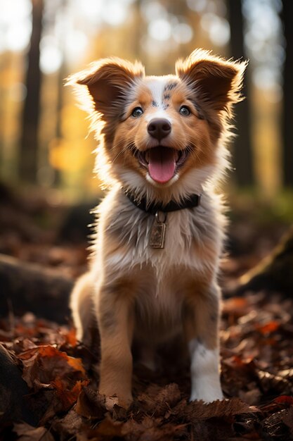 hay un perro que está sentado en las hojas en el bosque generativo ai