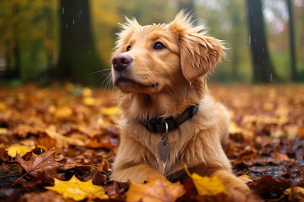 Hay un perro que está sentado en las hojas bajo la lluvia.