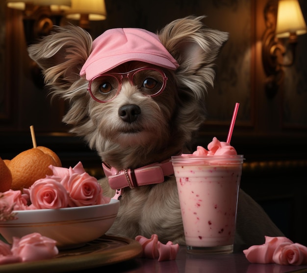 hay un perro que está sentado en una mesa con una taza de batido ai generativo