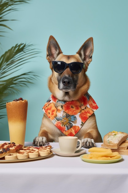 Foto hay un perro que está sentado en una mesa con comida generativa ai