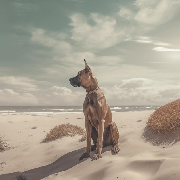 hay un perro sentado en la arena en la playa generativo ai