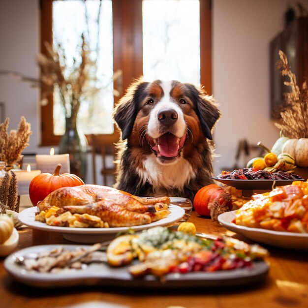 hay un perro sentado en una mesa con mucha comida generativa ai