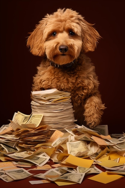 Foto hay un perro sentado sobre una pila de dinero con un collar generativo ai