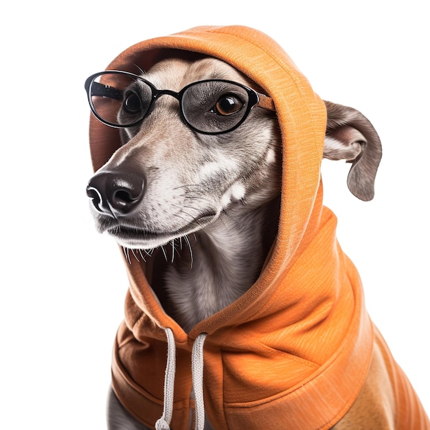 hay un perro con sudadera con capucha y gafas sobre un fondo blanco ai generativo