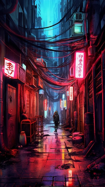 Hay una persona caminando por una calle en una ciudad en la noche generativa ai
