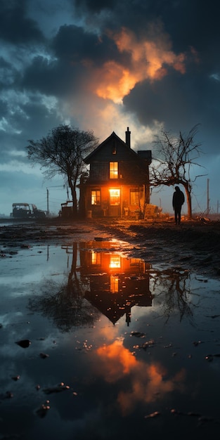 Hay una persona caminando frente a una casa con un reflejo en el agua generativa ai