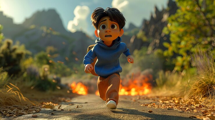 Foto hay un personaje de dibujos animados corriendo por una carretera con un fuego en el fondo generativo ai