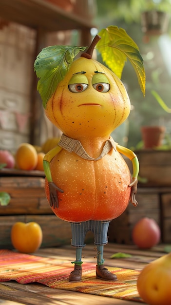 hay un personaje de dibujos animados que está de pie frente a una pila de frutas generativa ai