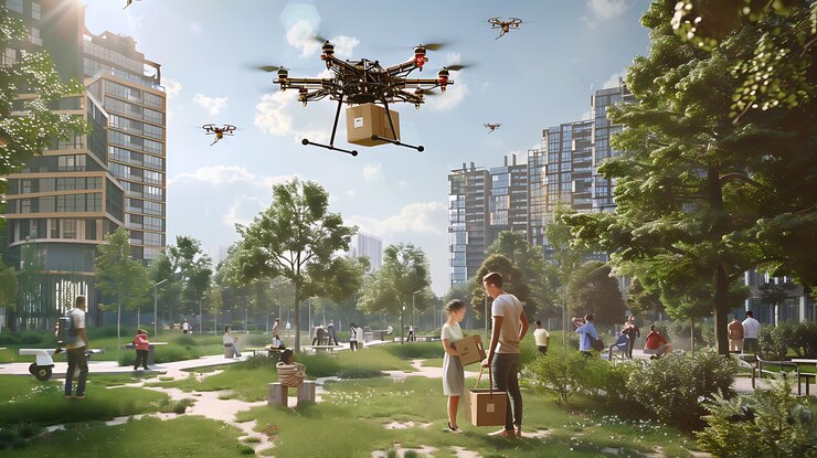hay personas de pie en un parque con un gran drone volando sobre ellos