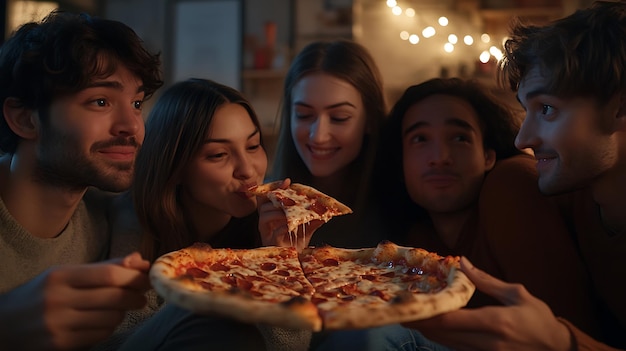 hay personas que están comiendo pizza juntas en la mesa