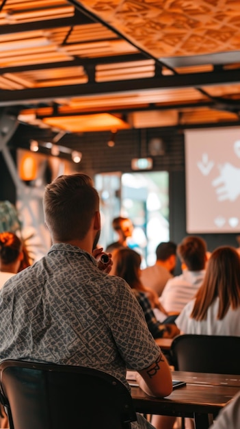 Hay personas sentadas en mesas en un restaurante viendo una presentación