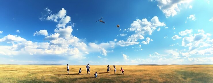 hay personas volando cometas en un campo con un fondo de cielo