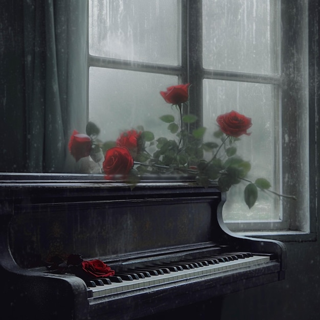 Hay un piano con un ramo de rosas rojas en él generative ai