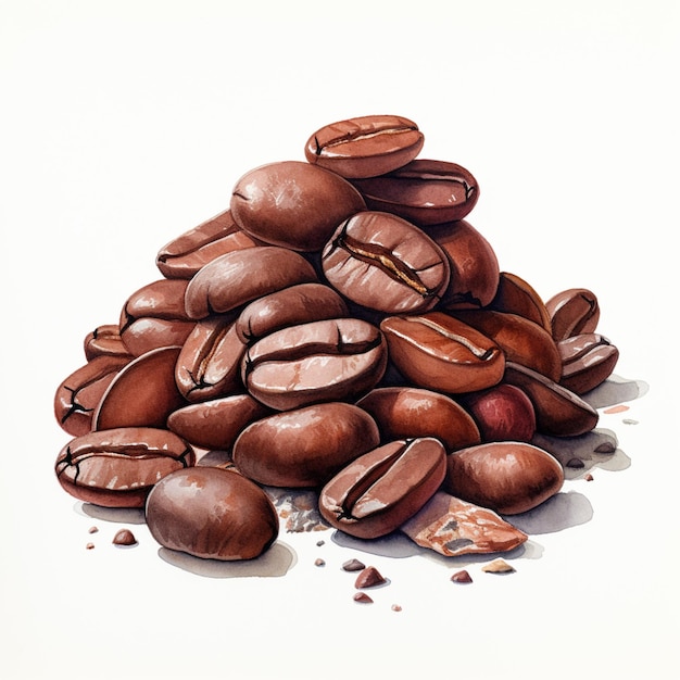 Hay una pila de granos de café en una superficie blanca generativa ai