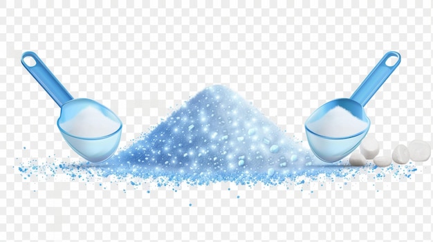 Hay pilas de jabón granulado para la lavandería con vasos medidores aislados sobre un fondo blanco Conjunto realista moderno de pilas de detergente blanco con partículas azules