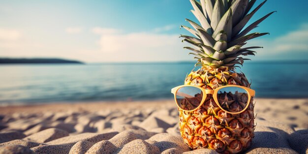 Hay una piña con gafas de sol en la arena cerca del generador de agua ai