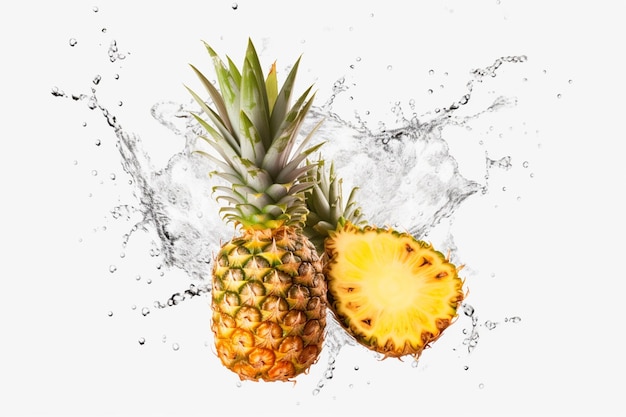 hay una piña y media con agua salpicando ai generativo