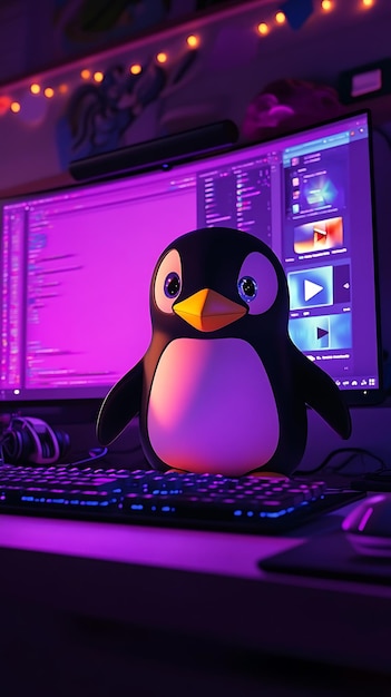 hay un pingüino sentado en un escritorio de computadora con un teclado