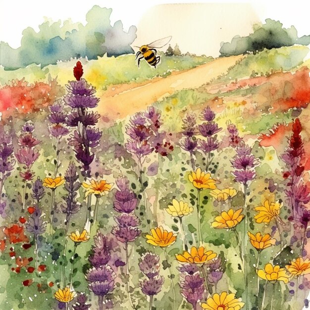 Hay una pintura de acuarela de una abeja volando sobre un campo de flores ai generativo