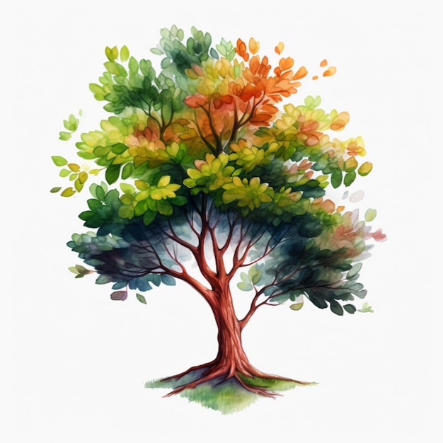 hay una pintura de acuarela de un árbol con hojas generativas ai