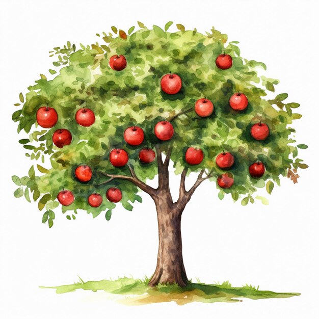 hay una pintura de acuarela de un árbol con manzanas en él ai generativo