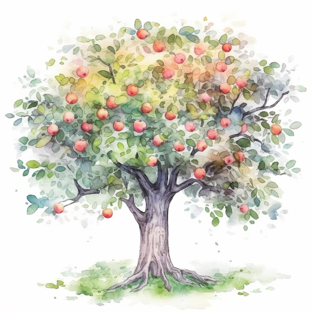 Hay una pintura de acuarela de un árbol con manzanas en él ai generativo