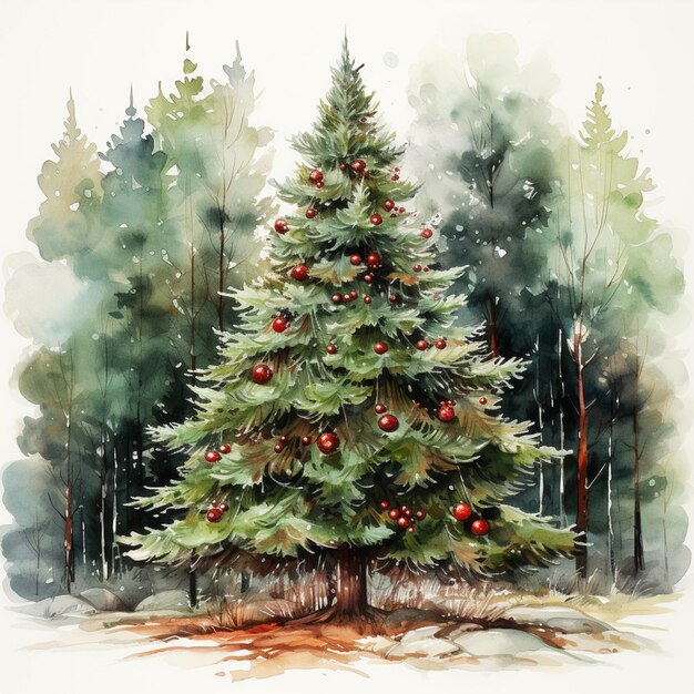 Hay una pintura a la acuarela de un árbol de Navidad en el bosque generativo ai