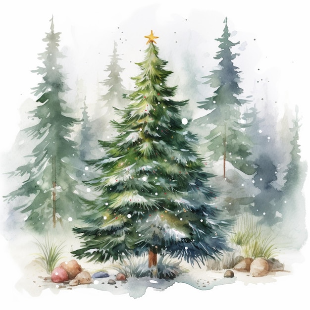 Hay una pintura de acuarela de un árbol de Navidad en la nieve generativa ai