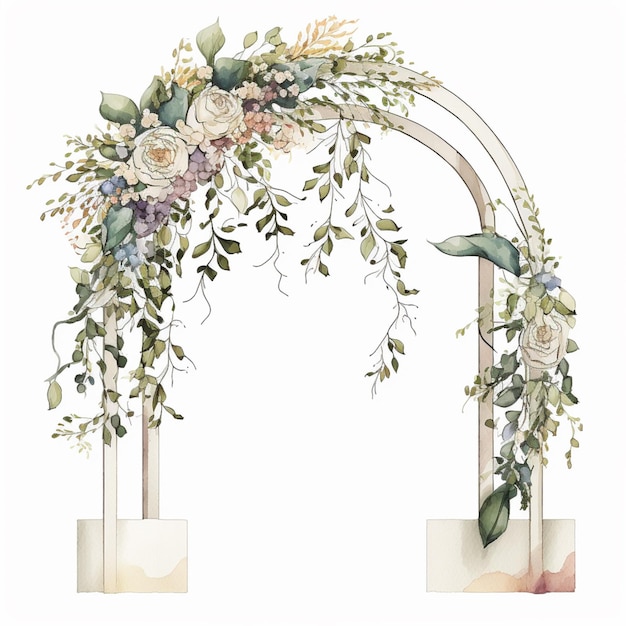 Hay una pintura de acuarela de un arco de boda con flores generativas ai