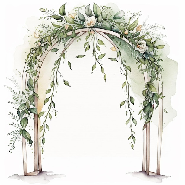 Hay una pintura de acuarela de un arco de boda con flores generativas ai