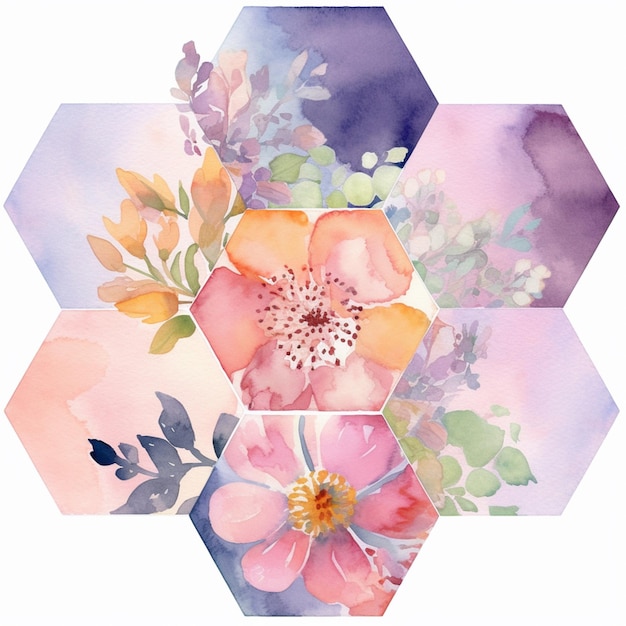 Hay una pintura de acuarela de un arreglo floral en un ai generativo hexagonal.