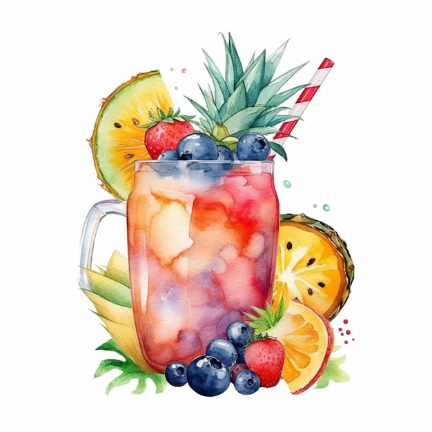 Hay una pintura de acuarela de una bebida con fruta y un ai generativo de piña.