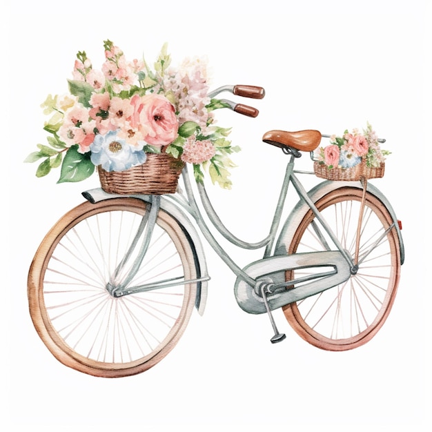 Hay una pintura de acuarela de una bicicleta con flores en la canasta generativa ai