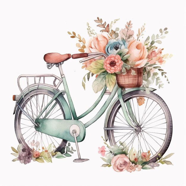 hay una pintura de acuarela de una bicicleta con flores en la canasta generativa ai