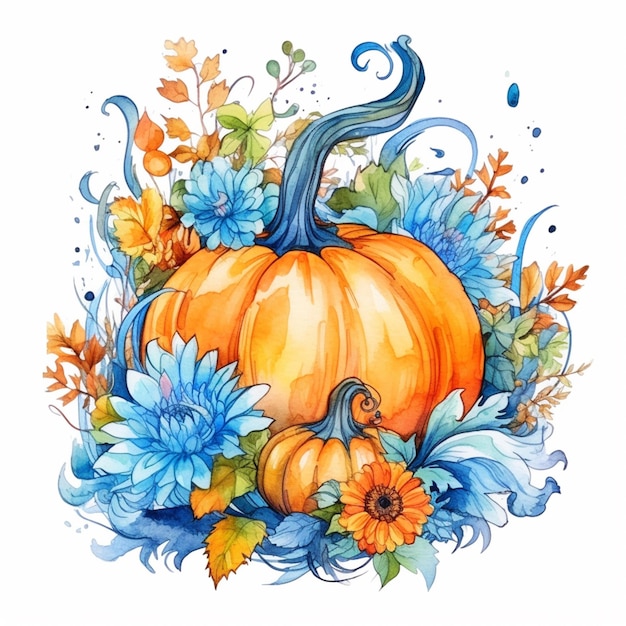 Hay una pintura de acuarela de una calabaza y flores generativas ai.