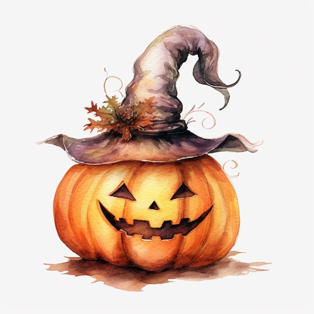 Hay una pintura de acuarela de una calabaza de halloween con un ai generativo de sombrero de bruja.