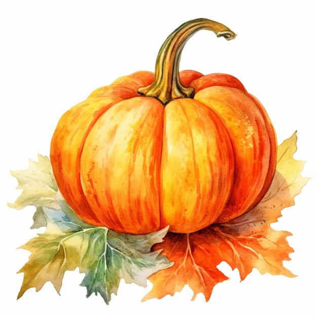 hay una pintura de acuarela de una calabaza y hojas de ai generativa