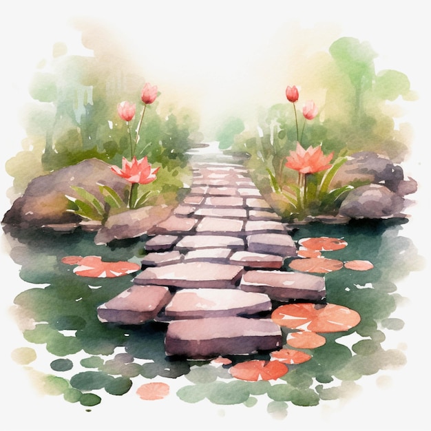 Hay una pintura de acuarela de un camino de piedra con flores generativas ai.