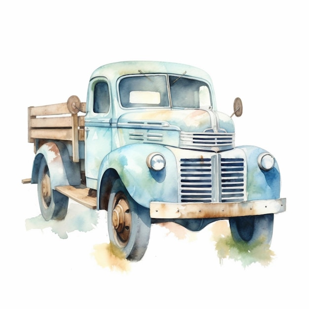 Hay una pintura en acuarela de un camión azul con un remolque de madera generativo ai
