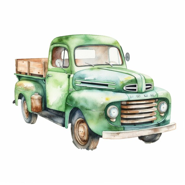 hay una pintura de acuarela de un camión verde con una cama de madera ai generativo