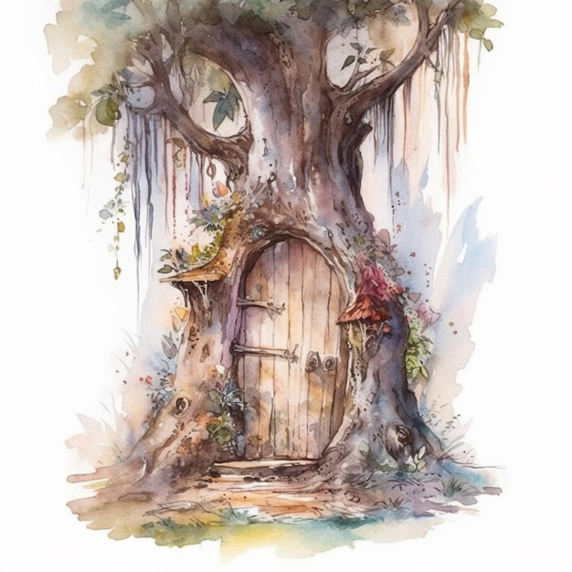 Hay una pintura de acuarela de una casa en el árbol con una puerta ai generativa.