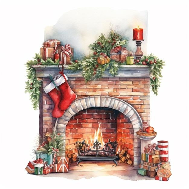 hay una pintura de acuarela de una chimenea con un calcetín navideño ai generativo