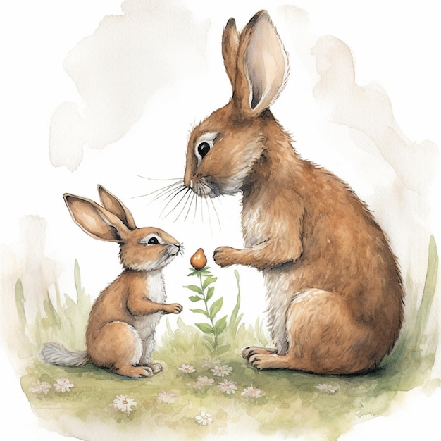 Hay una pintura a la acuarela de un conejo y un conejo comiendo una flor generativa ai